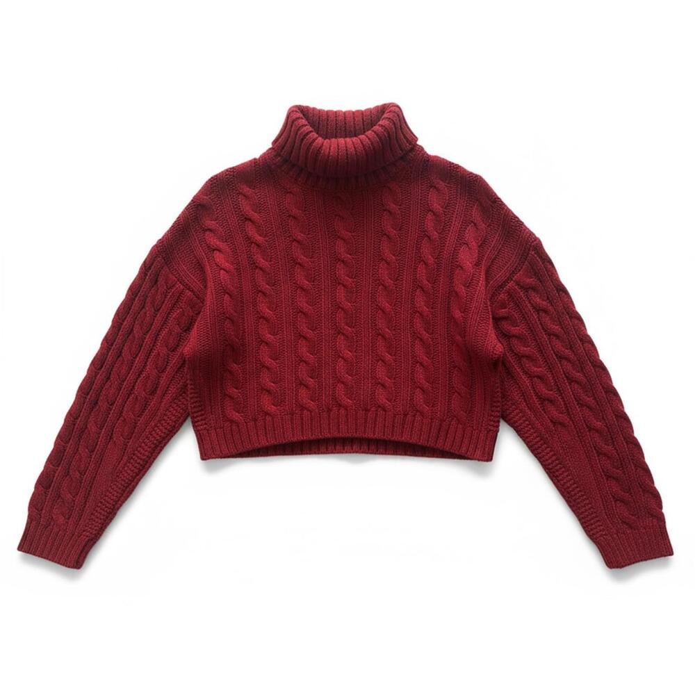 Oversized Cropped Cable Knit Sweater Slouchy Chunky Turtleneck M